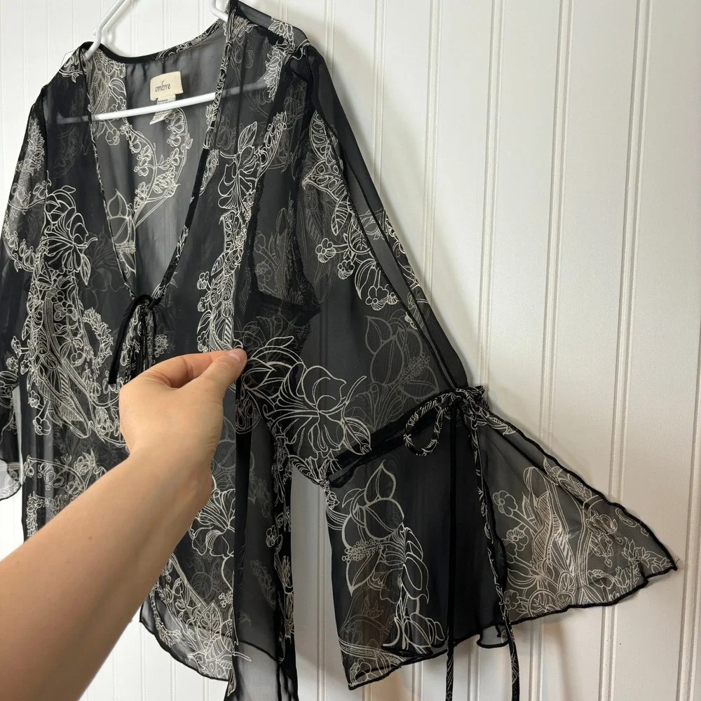 Floral Sheer Mesh Cardigan Black Tie Front Boho Fairycore Feminine Women Size 14